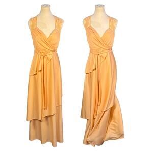Vintage 70s Apricot Jersey Lace Sweetheart Neckline Wrap Skirt Prom Dress S